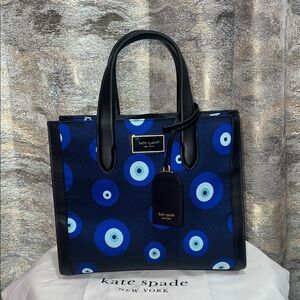 New Kate Spade Manhattan good luck navy blue evil eye print tote with black trim